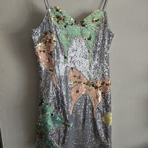 AKIRA Silver Sequin Mini Dress with Butterfly Accents